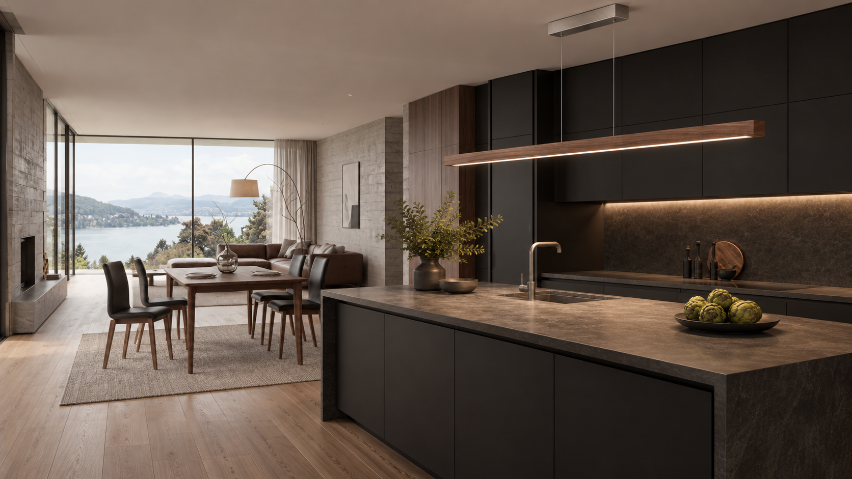 trendSTÜHLE Stühle und STÜCKHOLZ Holzleuchte in modernem Wohn- und Essbereich