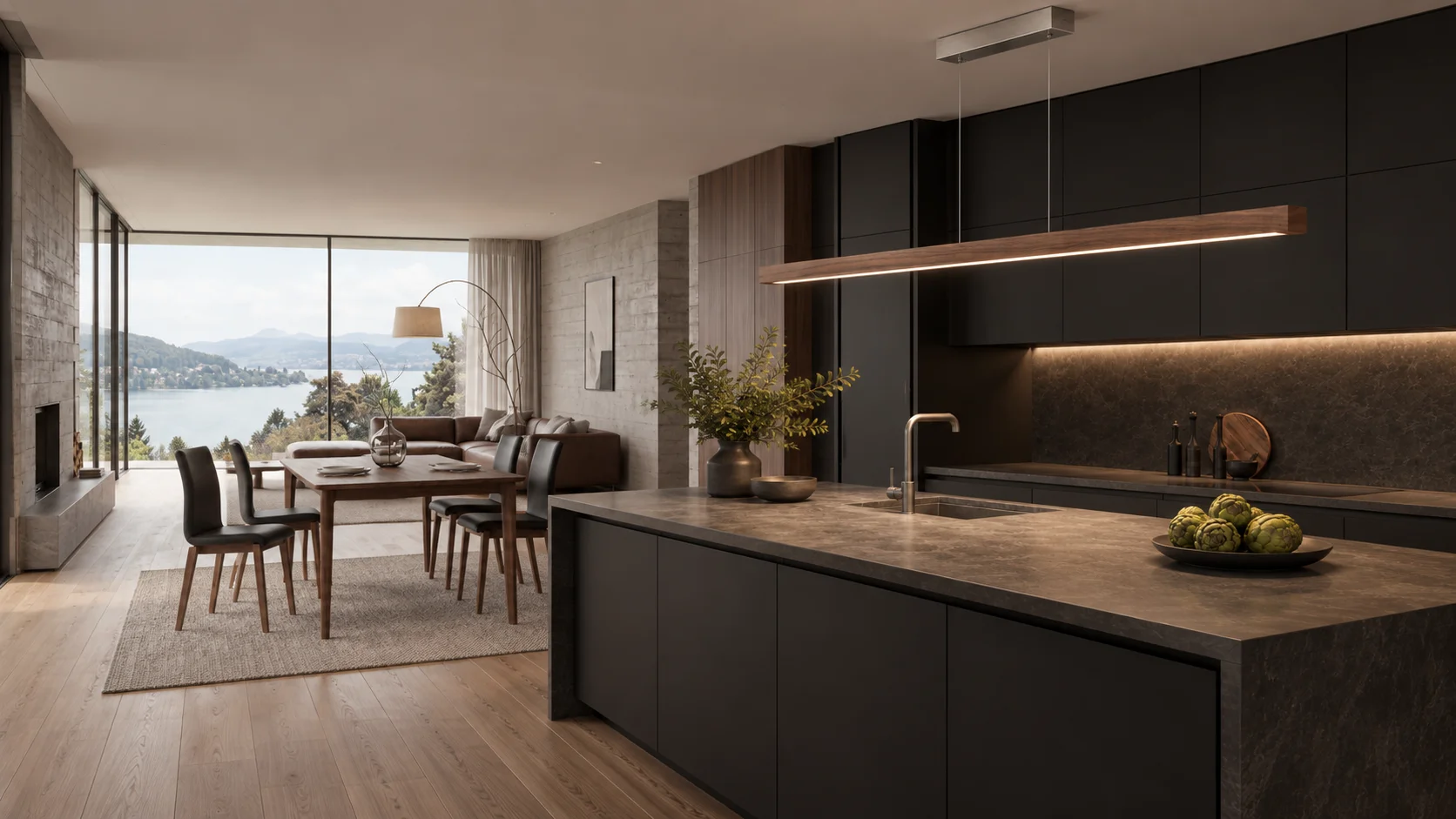trendSTÜHLE Stühle und STÜCKHOLZ Holzleuchte in modernem Wohn- und Essbereich